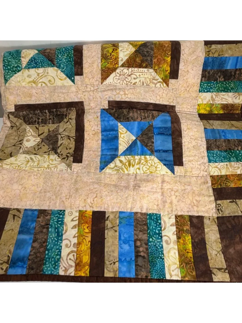 Handmade Patchwork Quilt With Blue/Brown Geometric Design Couch/Throw Blanket